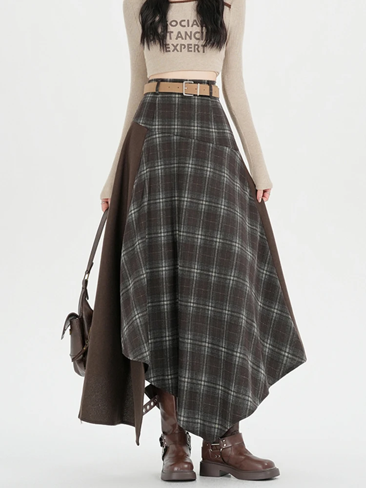 

Ретро-юбка А-силуэта в клетку с асимметричным подолом и завышенной талией, женская, с элементами пэчворка, зимняя коллекция 2026, новая, средней длины