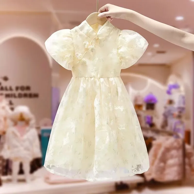 

Teenage Girls' Dress Summer New Children's White Bubble Sleeve Dress Summer Dress Princess Dress Cheongsam Hanfu