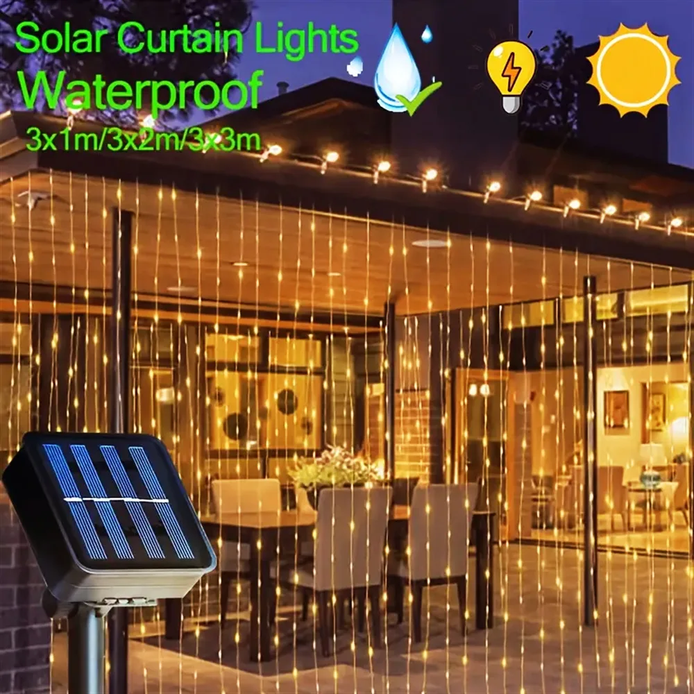 

Solar Curtain Lights LED Solar Outdoor Waterproof Fairy Lights with 8 Modes for Bedroom Window Patio Wedding Holiday Decorative