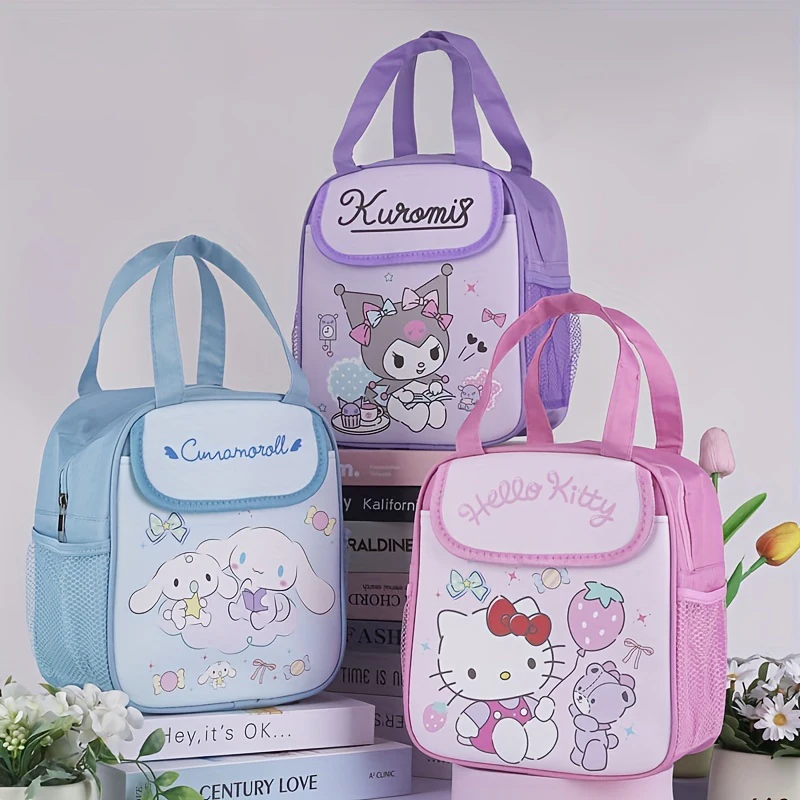 Kawaii Cartoon Hello Kitty Insulated Lunch Bag Cute Kuromi My Melody Handheld Large Capacity Student Bento Bag