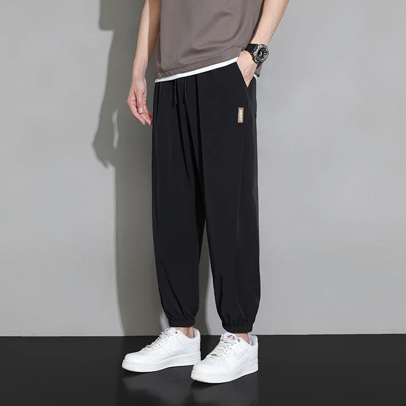 Y2K Men's Sports Pants New Casual and Fashionable Versatile Drawstring Straight Leg Pants for Outdoor Camping Ice Silk Pants