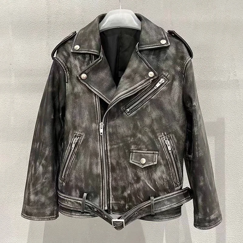 

2023 Leather Fashion Moto Jacket Vintage Sheepskin Leather Coat Lady Biker Jackets Real Leather QG5481