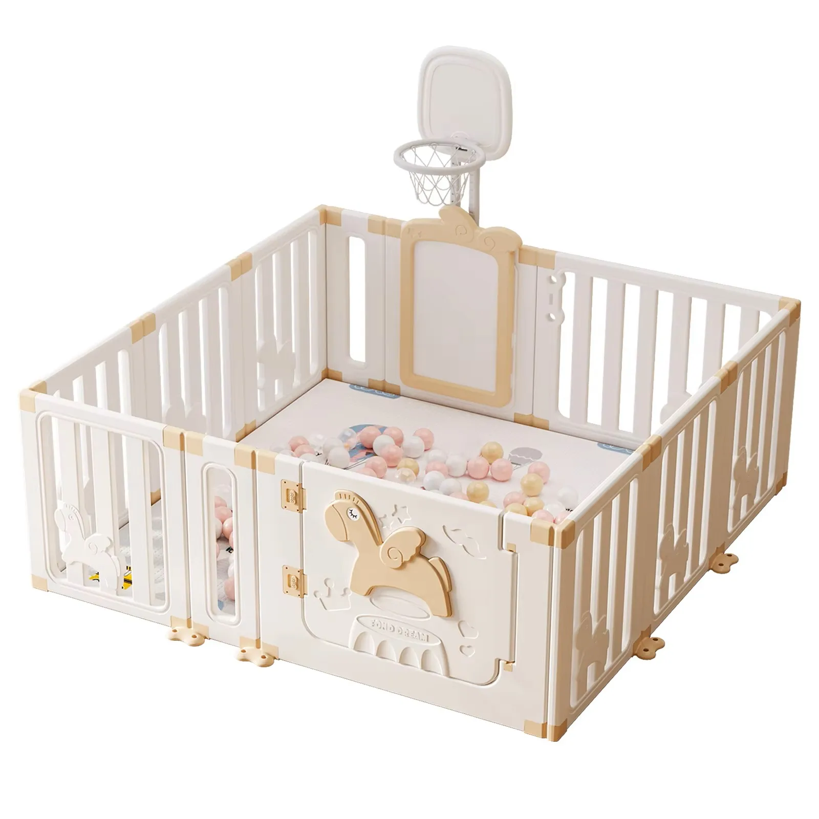 Box per bambini Ubravoo con canestro da basket, box di sicurezza per bambini Angel Horse con lavagna e 30 palline colorate (12 pannelli)