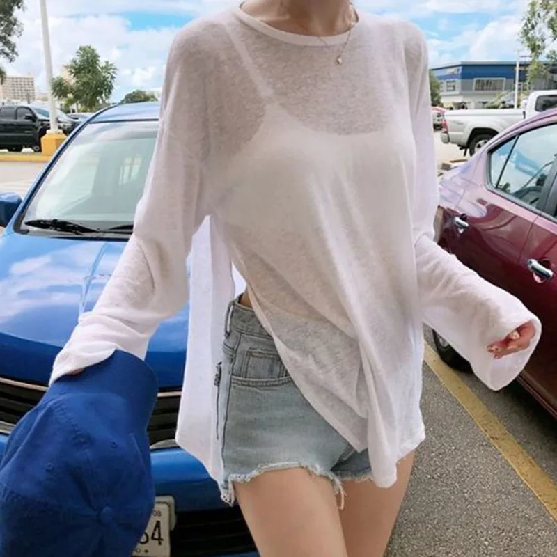 Fashion Side Split Thin Tops Women Casual Simple Solid O-Neck Sunscreen T-Shirt Korean Popular Streetwear Loose Long Sleeve Tee