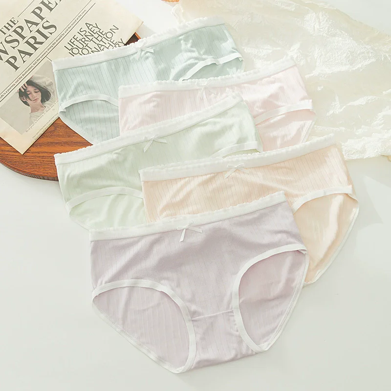 5Pcs Set Of Threaded Cotton Women's Triangle Pants, Soft, Comfortable, Breathable Underwear, Women's Solid Color Triangle Pants