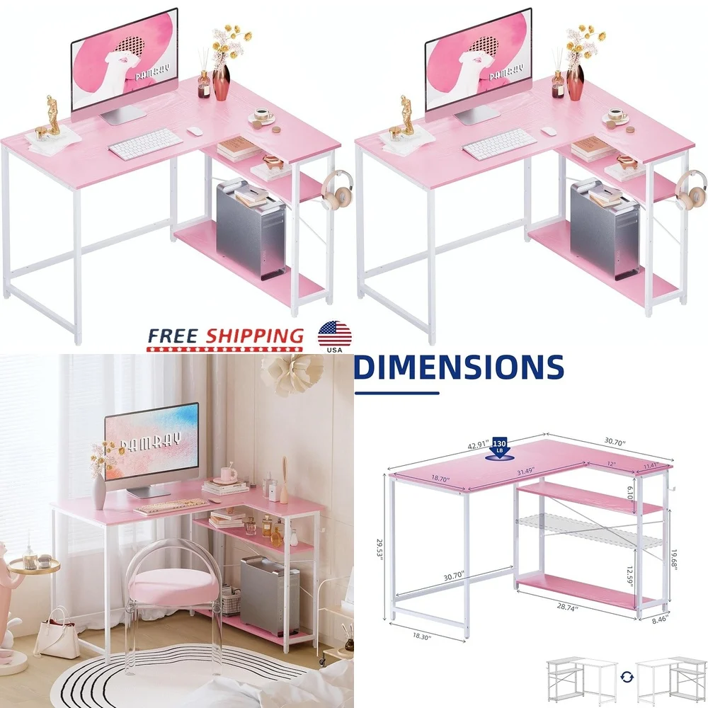 

Computer DesksL Shaped Computer Desk with Reversible Shelves Ample Storage for Home Office Gaming US