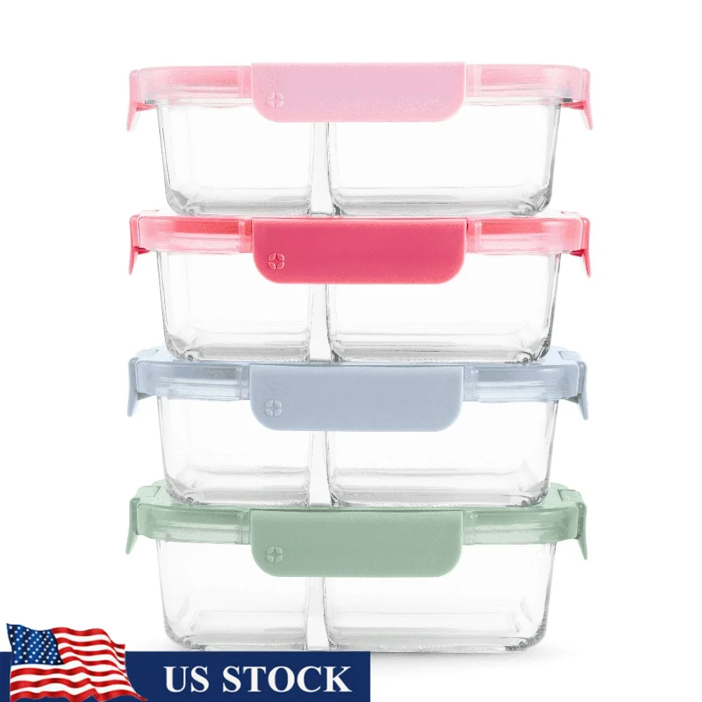 

Microwave Safe Clear Glass Food Storage Containers 4 Pack Leakproof Lids Divided Sections Meal Prep Healthy Diet 450°F Oven