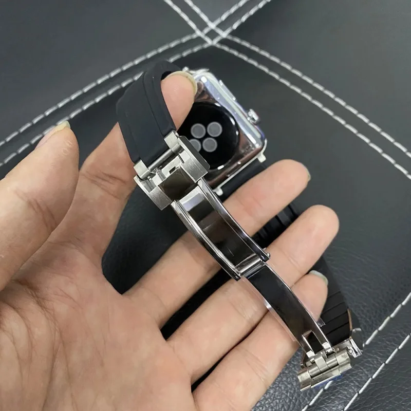 Подходит для Apple I watch Ultra2 watch S10/9/8, цепочка 38 мм, ремешок из нержавеющей стали, складная пряжка, высококачественный резиновый ремешок для часов