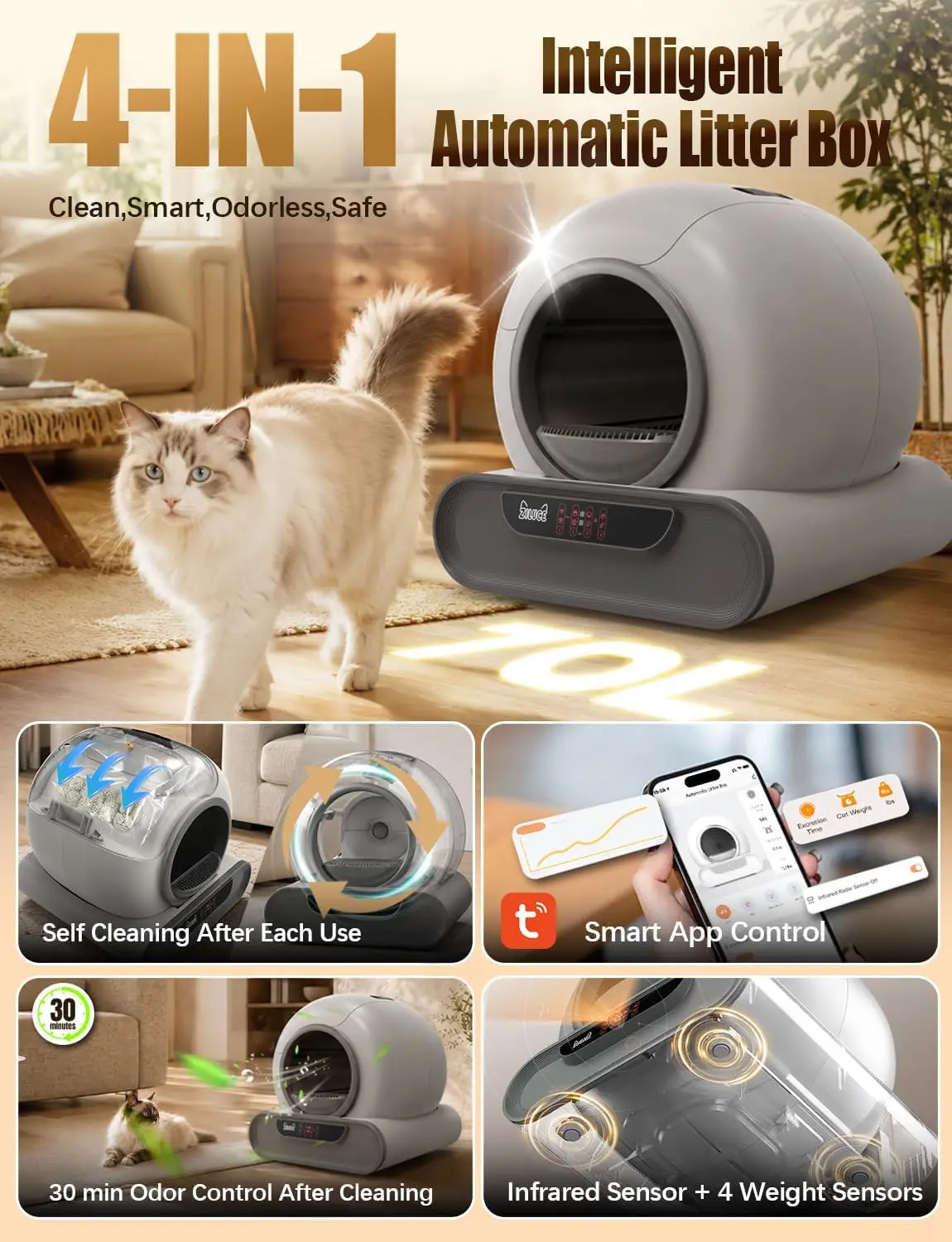 Automatic Self Cleaning Litter Box,70L Cat Litter Box & App & Panel Control | Infrared & 4 Gravity Sensors,120° Detection,Anti-P