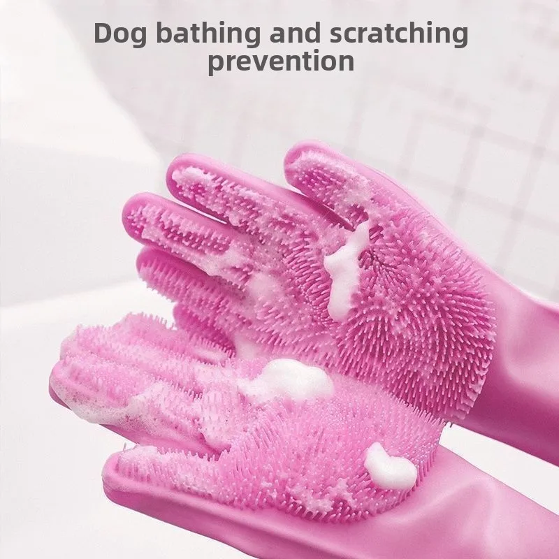 Extra Long Anti-Scratch Pet Grooming Gloves, Protective Dog Cat Bath Mitts with Extended Cuff, Deshedding Hair Removal Brush