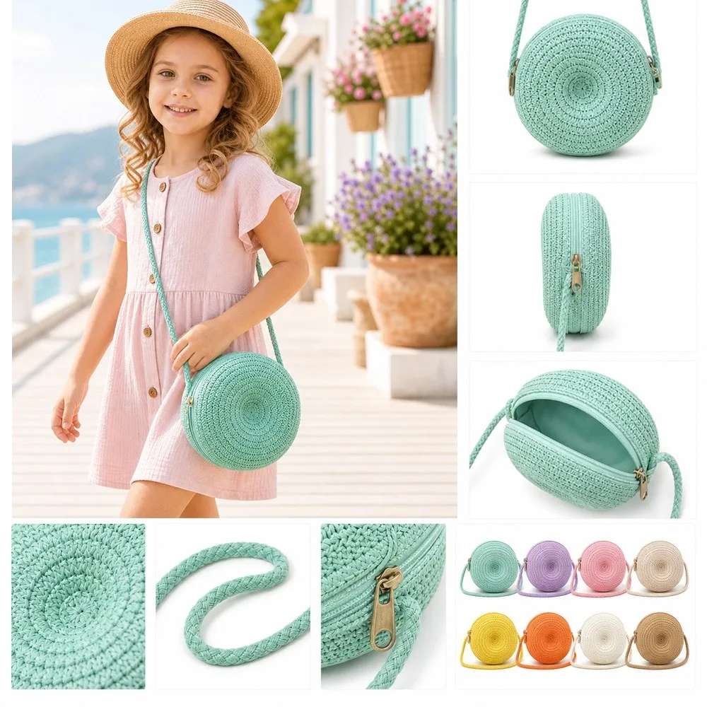 New Apple Shape Straw Woven Bag Woven Texture Storage Crossbody Bag Zipper Closure Decorative Handbag Summer Travel