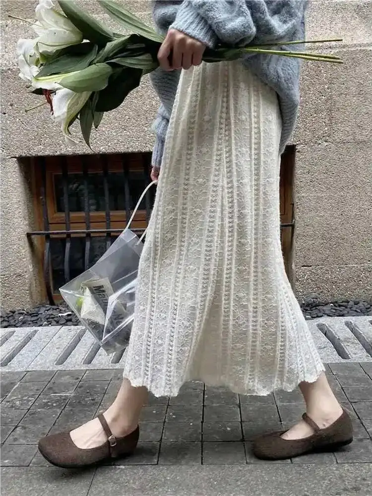 2026 Spring Autumn Women Beige Fashion Long Skirt Female Vintage High-waist Chic Lace Skirts Korean Sexy Black Skirt O8BO
