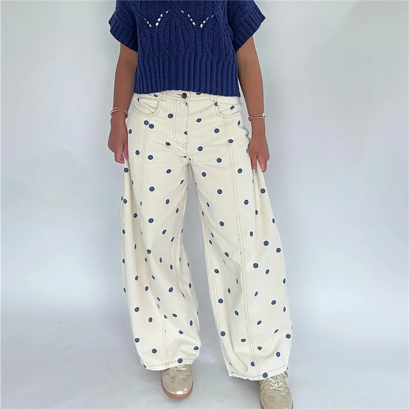 Women's Y2K Polka Dot Wide Leg Jeans High Waist Baggy Denim Pants Vintage Retro Streetwear Outfit