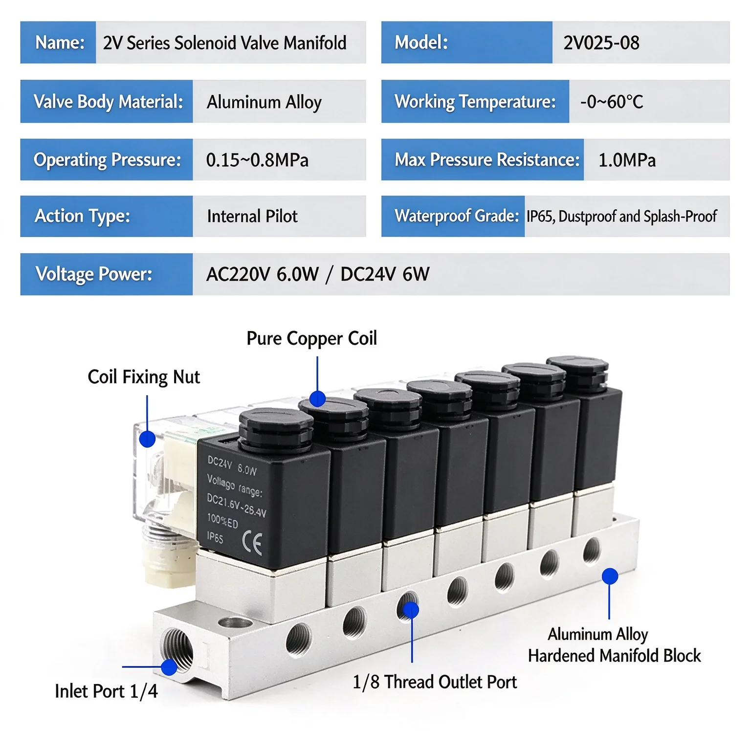 Pneumatic combined single electric control switch on-off multi-way solenoid valve group 2V025-0806 including manifold valve isla