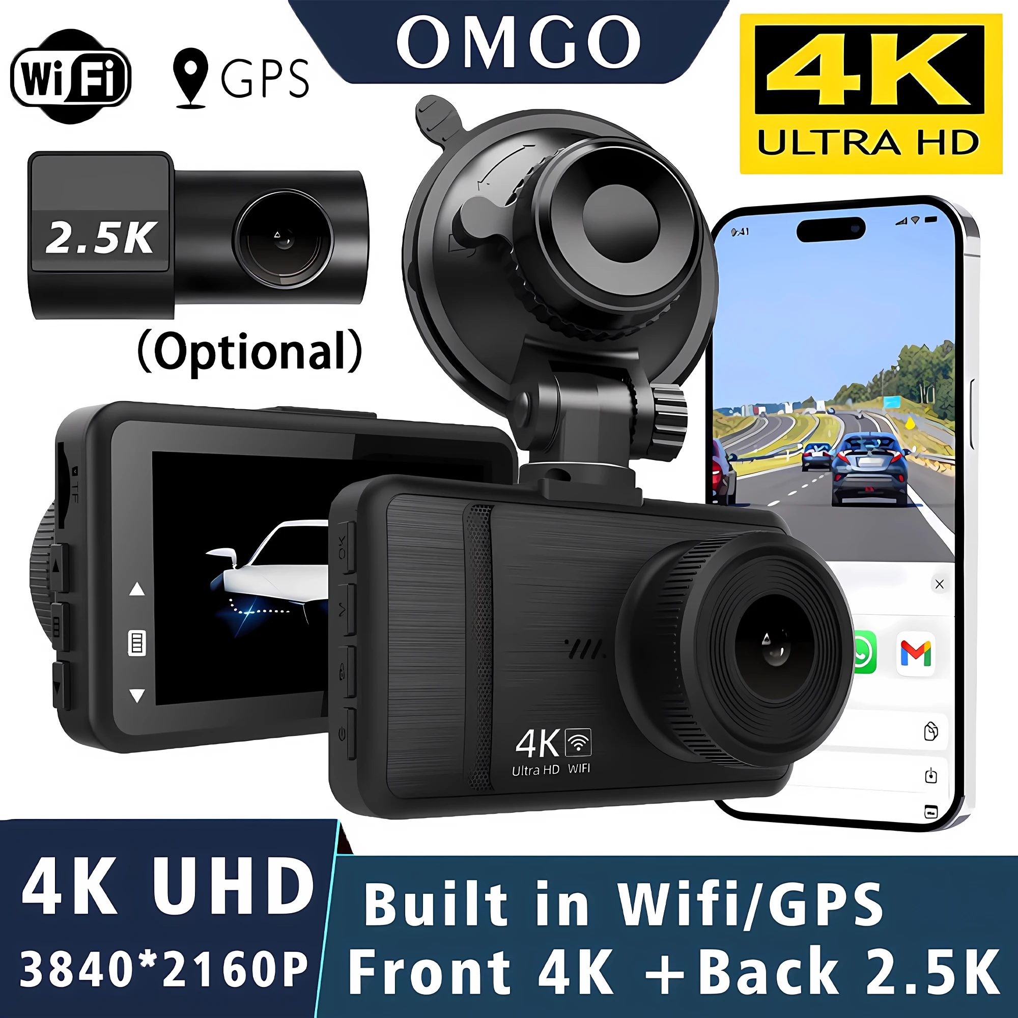 4K Dash Cam 3840*2160P Car DVR 2.5K Rear GPS WIFI Dual Lens Auto Car Camera With Night Vision G-Sensor 24H Parking Monitor