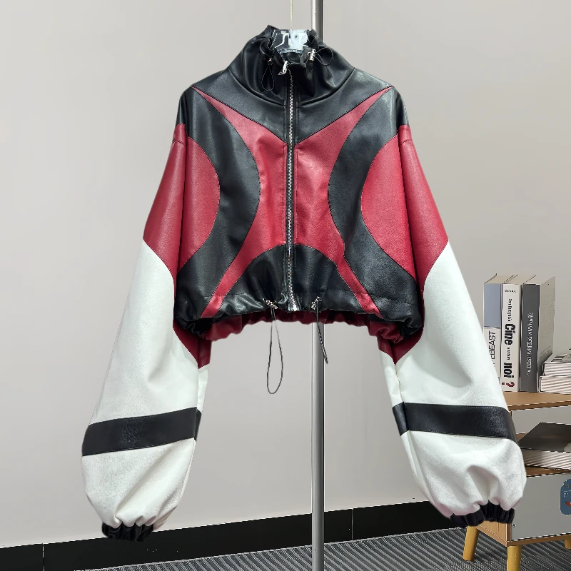 Autumn Korean Contrast Color Short Faux PU Leather Jacket Casual Stand Collar Drawstring Hem Long Sleeve Biker Jacket Streetwear