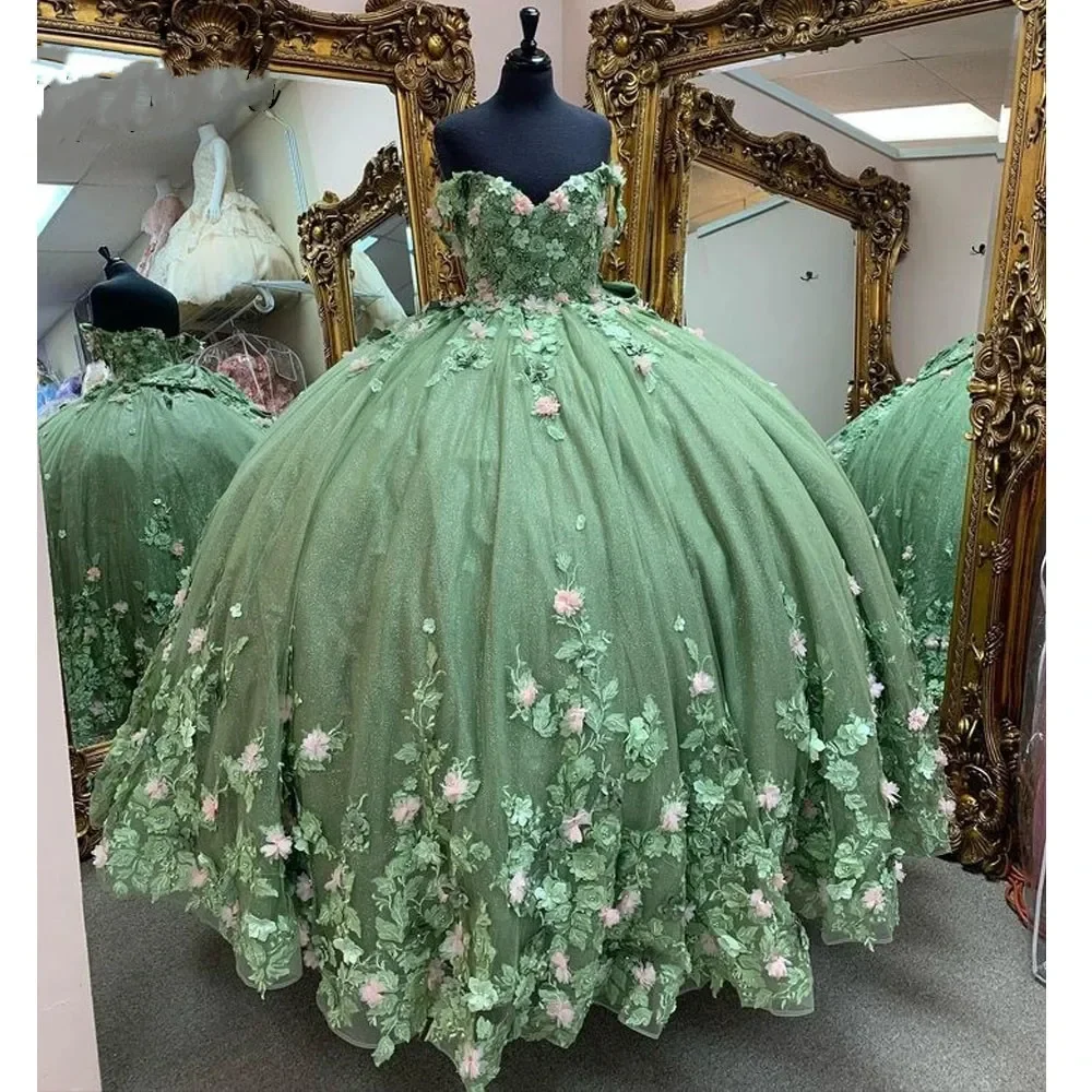 Sage Green Quinceanera Dresses V Neck Corset Ball Gown for Lady Sweetie 15 Mint Green Tulle 3D Flower Dance Quinceanera Gowns