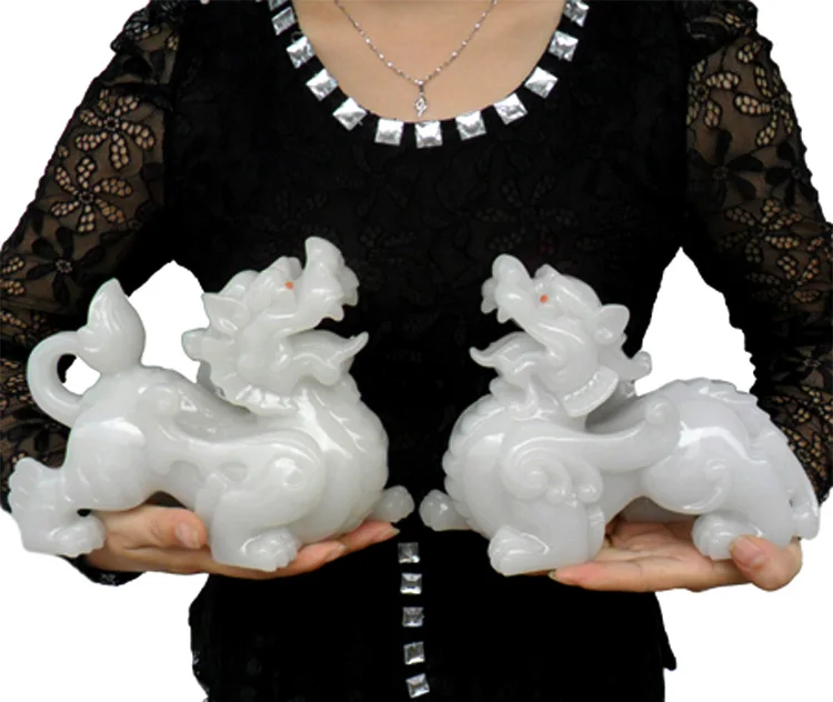 

20cm - A pair # office home efficacious FENG SHUI Talisman Protection Money Drawing PI XIU white jade Sculpture ART statue