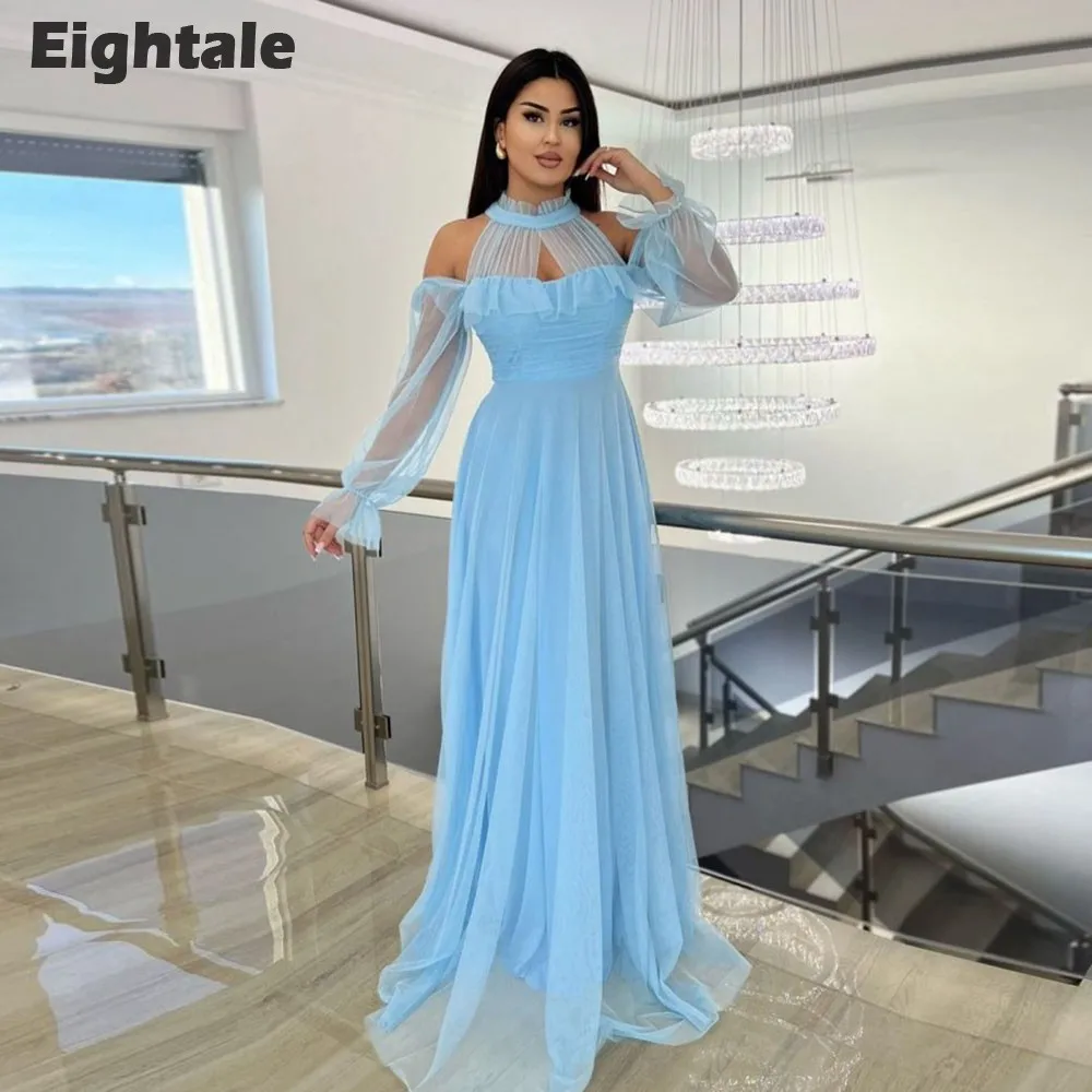 

Eightale New Arrival Evening Dresses Tulle High Neck Long Sleeves Sky Blue A-Line Wedding Prom Party Gowns Robes De Soirée