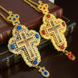 HTISOK Orthodox Bishop Pectoral Cross Pendant Zinc Alloy Gold-Plated Necklace for Priest Ordination Ceremony Church Clergy Gift