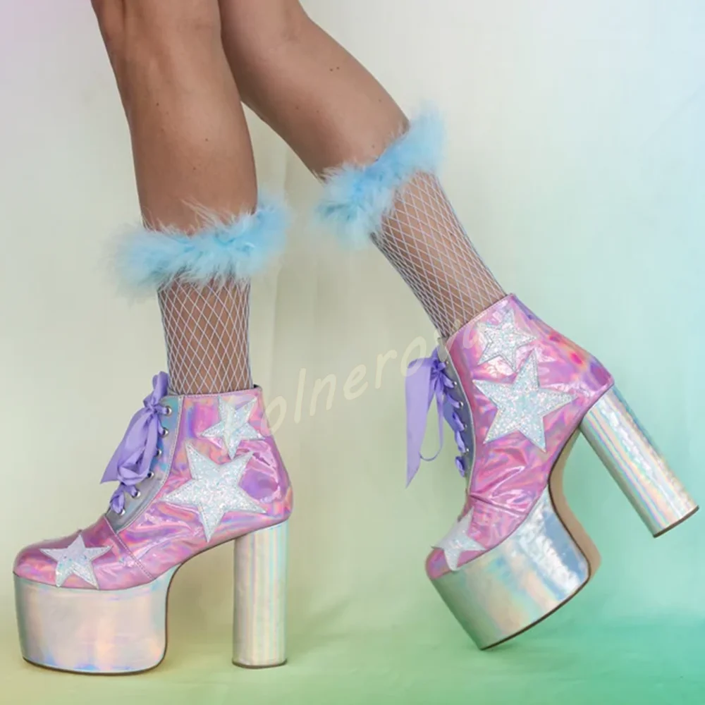 Women Holographic Platform Ankle Boots Glitter Star Patch Satin Ribbon Lace Up Shoes Chunky Block Heel Winter Party Short Boots