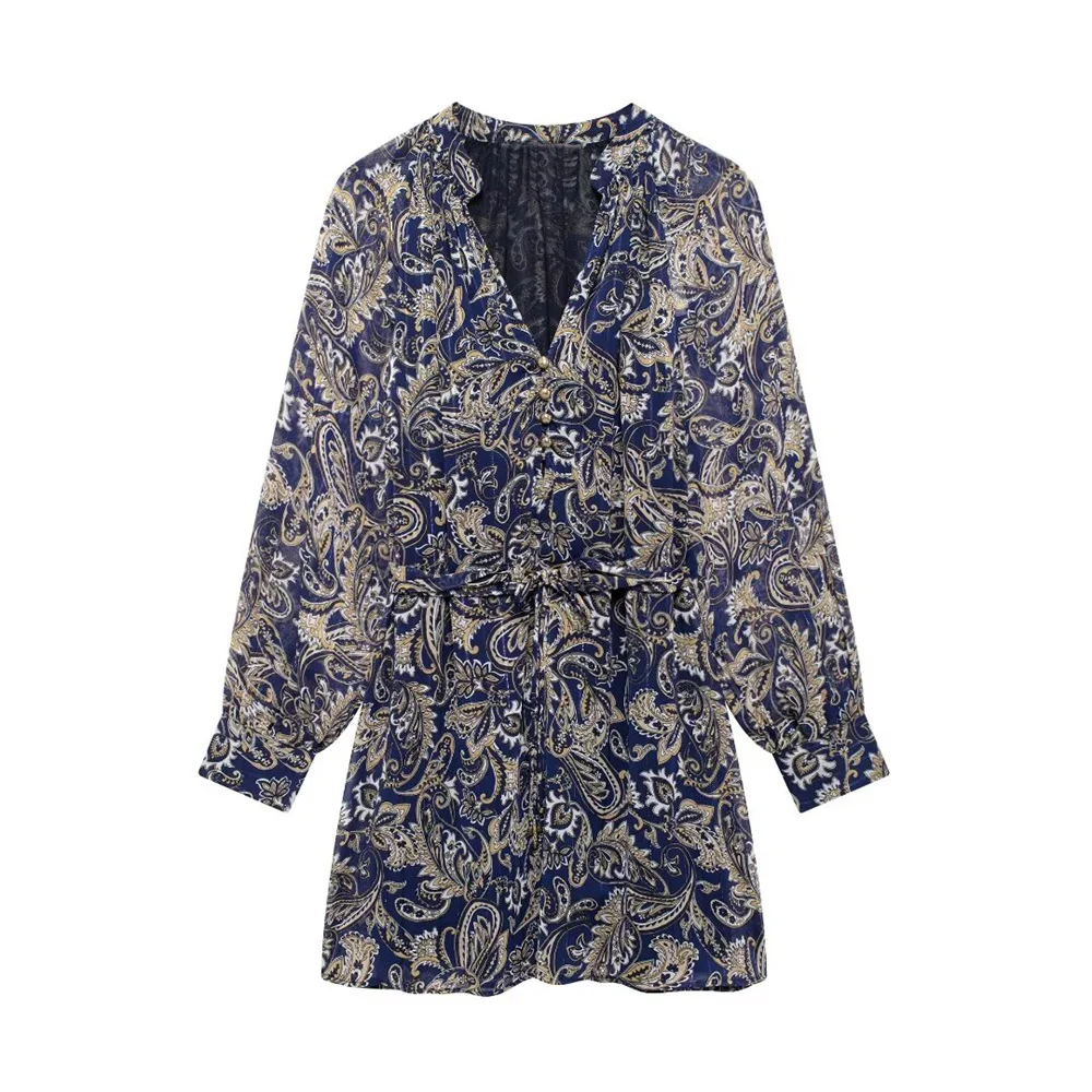 BMURHMZA Autumn New Product Women\'s Fashion Style French Retro Printed V-neck Long Sleeve Mini Short Dress