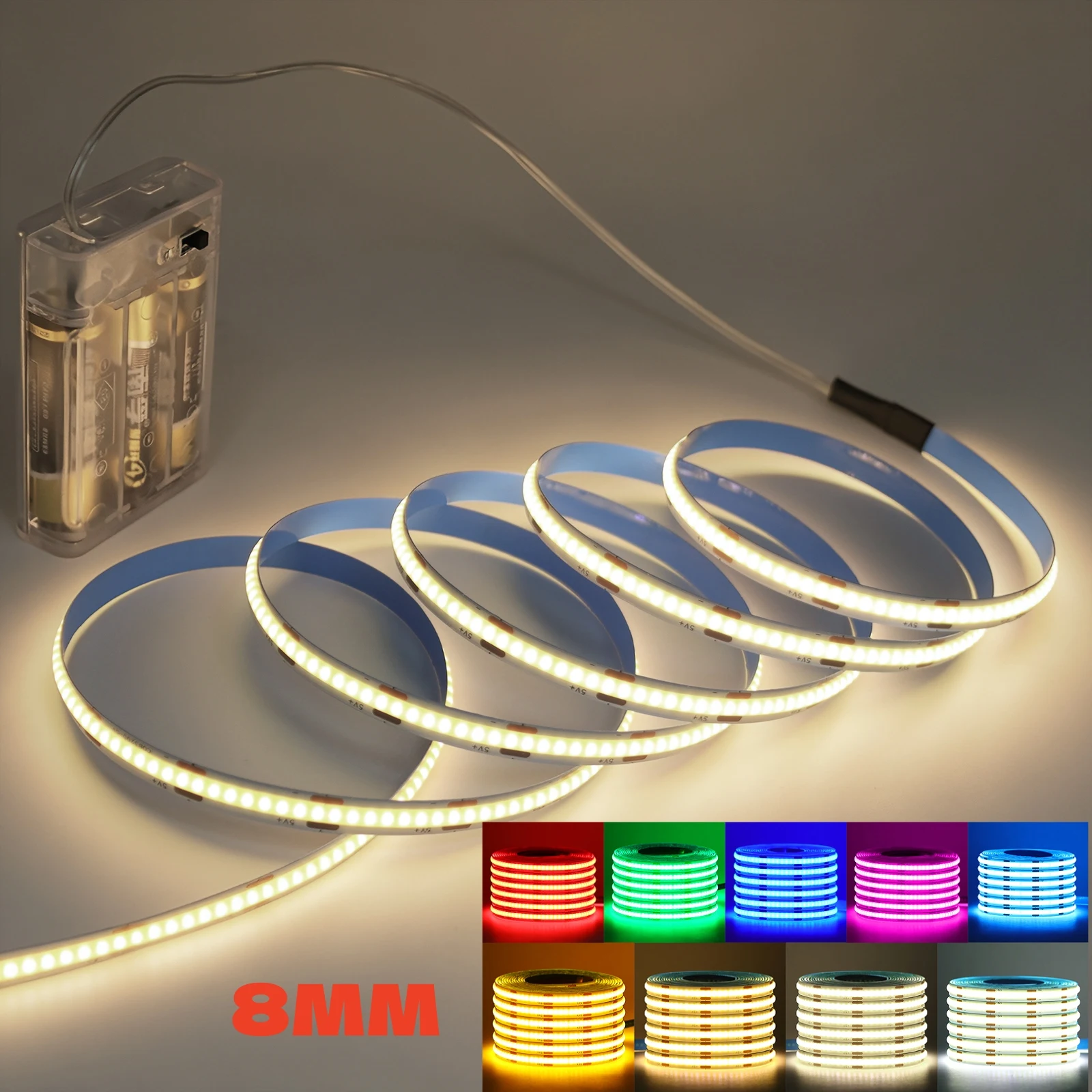 3AA Battery Box COB LED Strip Light 5V 8MM PCB 320LEDs/M High Density Flexible RA90 FOB Adhesive Tape Rope Night Linear Lighting