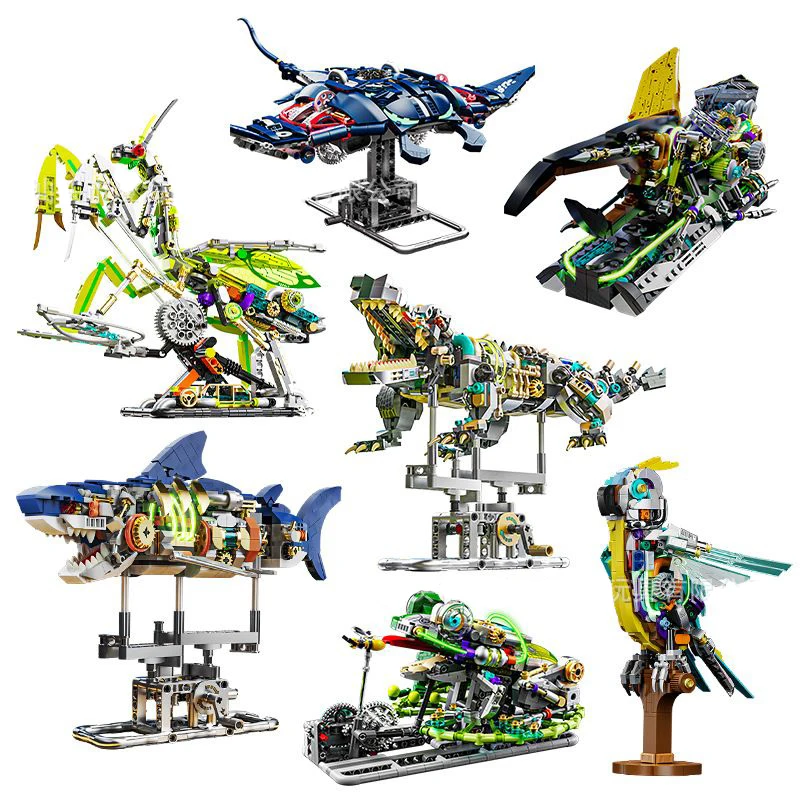 

Mechanical Animal Building Blocks Set Shark Parrot Lion Mantis Model LED Light STEM Educational Toy Summer School Gift for Kids