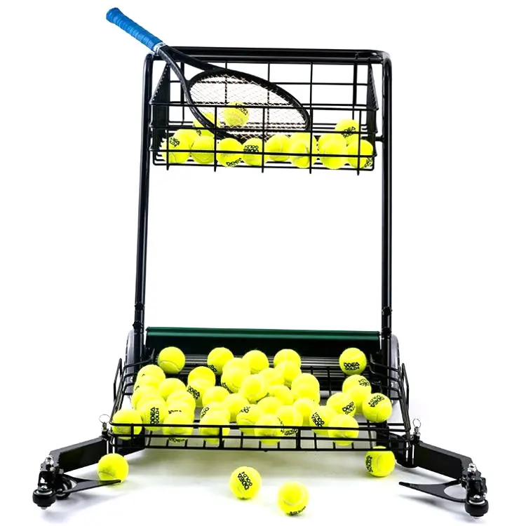 سلة قادوس كرة التنس سهلة الالتقاط والتخزين مع مقبض وعجلات لمدربي التنس وتدريبات النادي