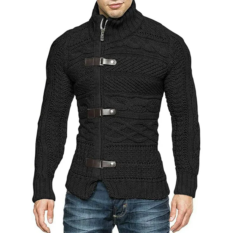 Men Sweaters 2023 Autumn Winter High Neck Sweater Men's Leather Buckle Long Sleeve Knitted Cardigan Coat Large Size Men Clothing