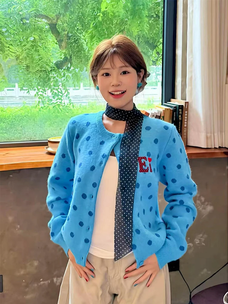 Cárdigan de lunares azules para mujer, suéter coreano bonito y dulce, Tops de punto, abrigo, prendas de punto de nueva moda de otoño 2025