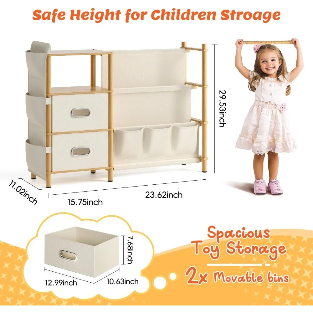 منظم كتب وألعاب من 3 طبقات للأطفال مع صناديق تخزين وخزانة كتب جانبية، مستوحى من مونتيسوري