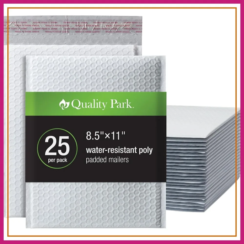 

8.5x11 Bubble Mailers, 25 Pack, White Poly Padded Envelopes, Self-Seal, Water Resistant