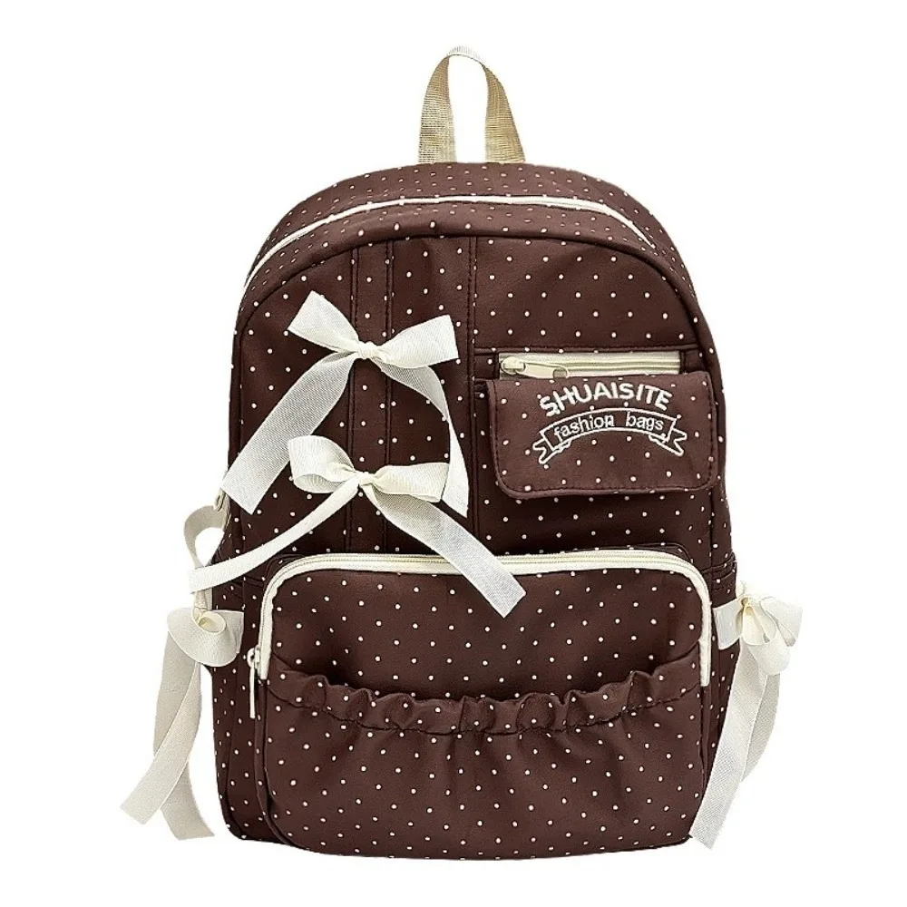 Nylon Polka Dot Bow Backpack Large Capacity Zipper Closure Daypack Polyester Lining Multi-Compartment School Bag For Students