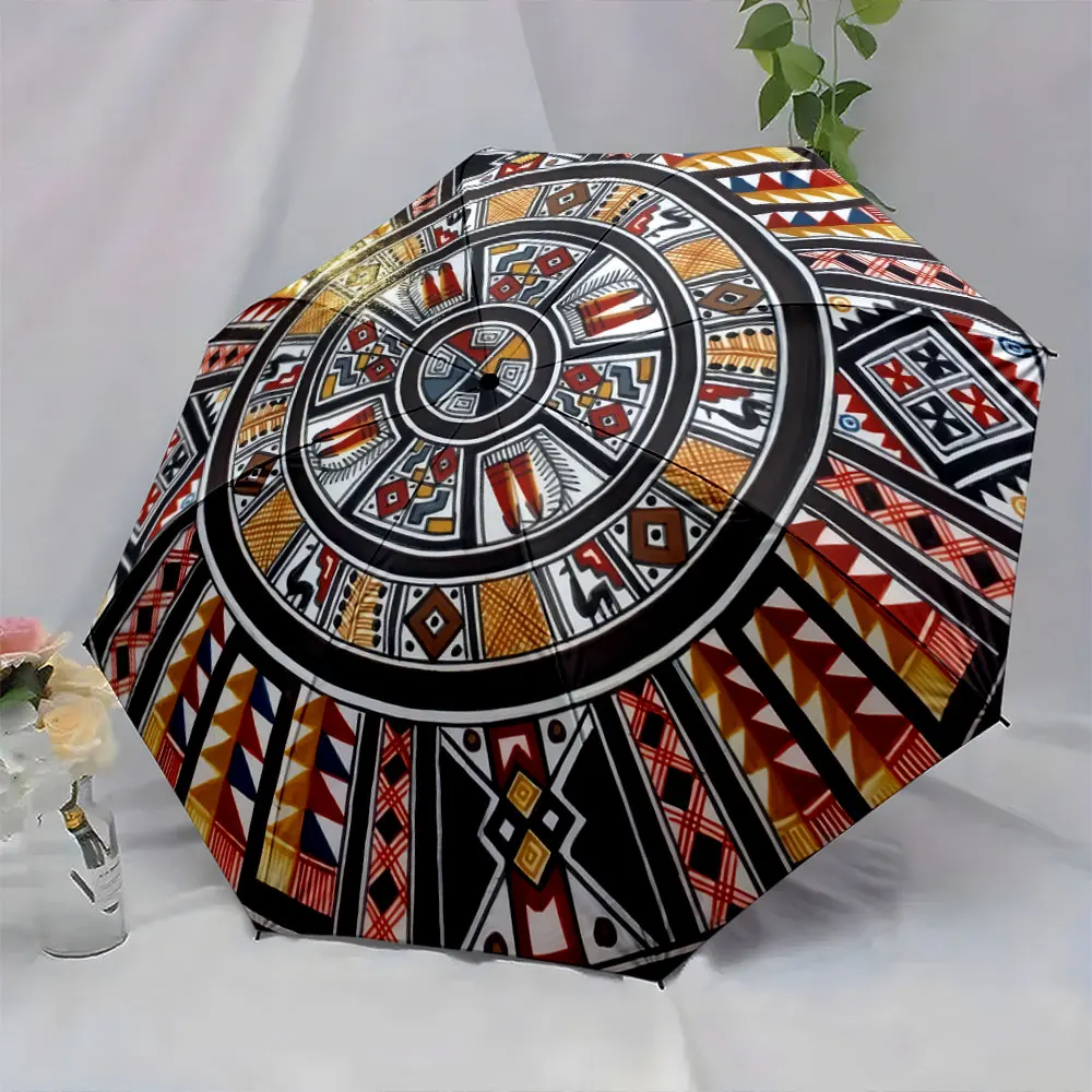 1PC Vibrant Tribal Patterns: An Artistic Umbrella Design Print 8 Iron Ribs Folding Umbrella Auto-Open Fashion Sunshade