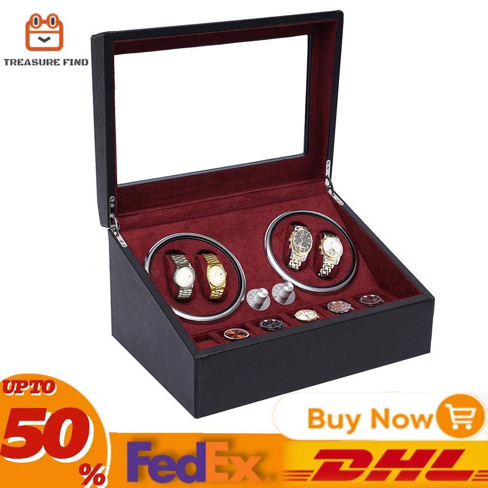 Automatic Watch Winder Leather Watch Box LED Illumination Silent Motor for 4 Automatic Watches with Extra 6 Watch Storages