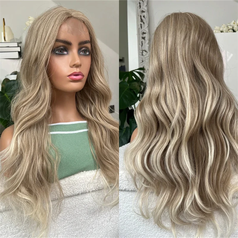 

Long Natural Body Wave Women's Wig 13x4 Middle Part Ombre Light Brown Blonde Synthetic HD Transparent Lace Front Wig For Daily