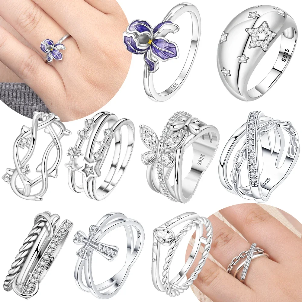 

Оригинальное кольцо из серебра 925 пробы с белым крестом и цирконием, фиолетовое кольцо с цветком ирисом, звезда, луна, женское кольцо с бабочкой, подарок на годовщину, женские ювелирные изделия