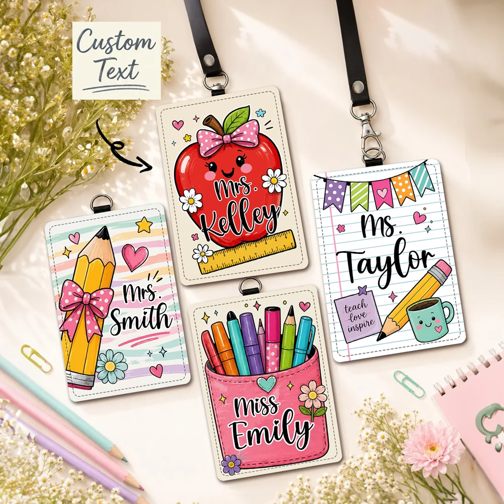 Personalized Teacher ID Badge Holder with Lanyard,Custom Name Cute School Badge Protector,Cute Card Holder,for School Office