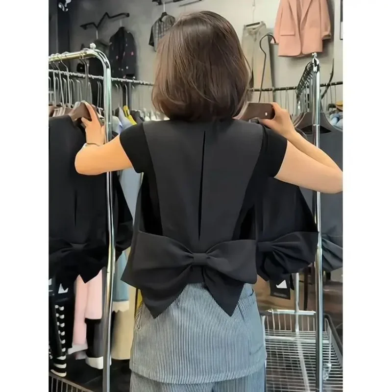 Elegant Bow Black Waistcoat Vest Wmen 2025 Autumn New Overlap Sleeveless Slim Crop Top Temperament Design Y2k Jackets