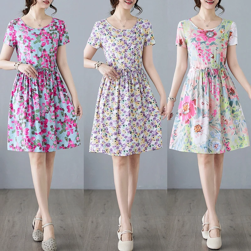 

Women's Casual Loose Fashion Beach Floral O-neck Midi Dress