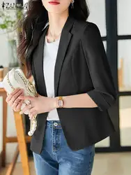 Stylish Autumn Women Blazer 2024 ZANZEA Elegant OL Work Suits Outwears Elegant Lapel Neck 3/4 Sleeve Solid Button Thin Jackets