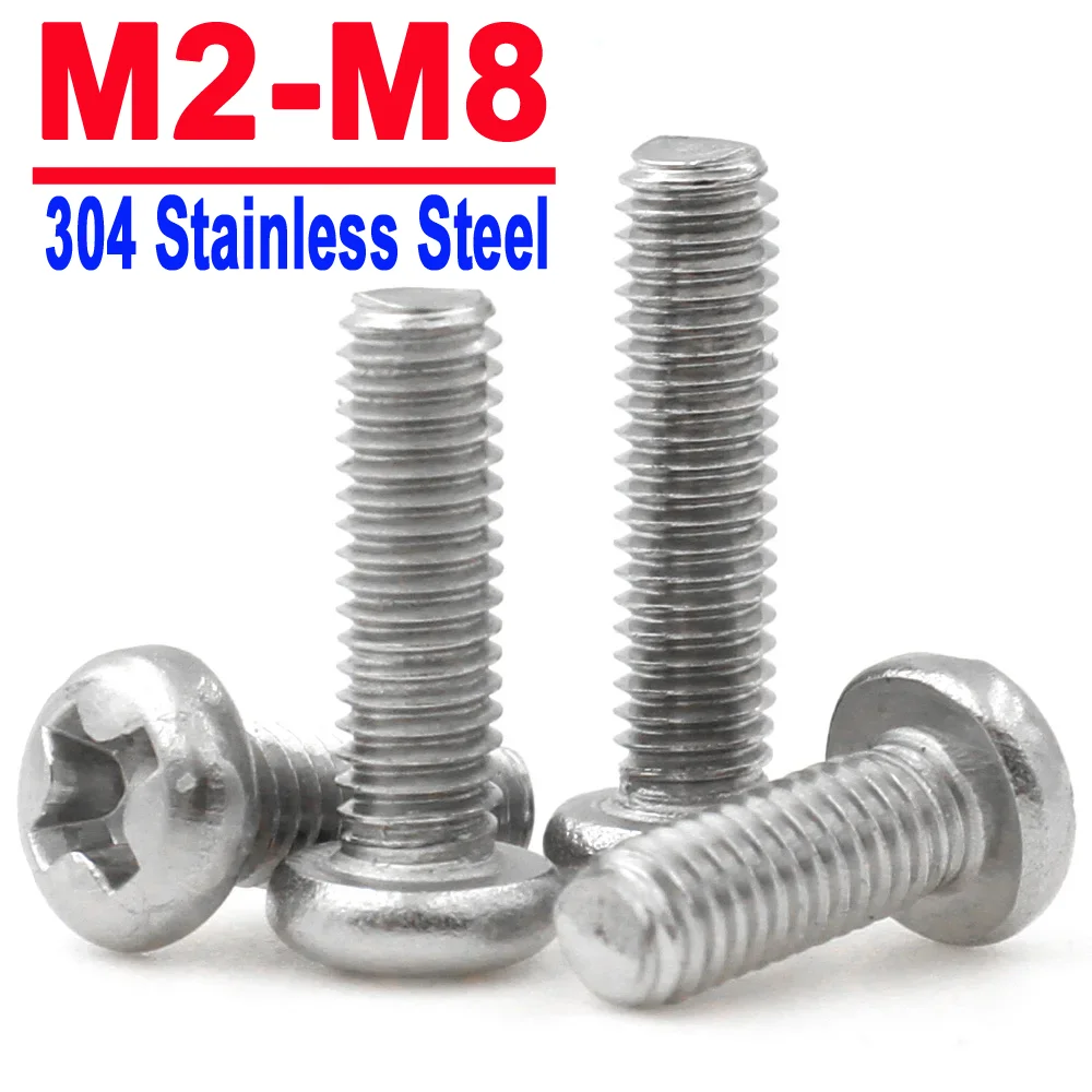 

50/10pcs Cross Round Head Screws M2 M2.5 M3 M3.5 M4 M5 M6 M8 A2-70 304 Stainless Steel Phillips Round Pan Head Screw Bolt Dia2-8