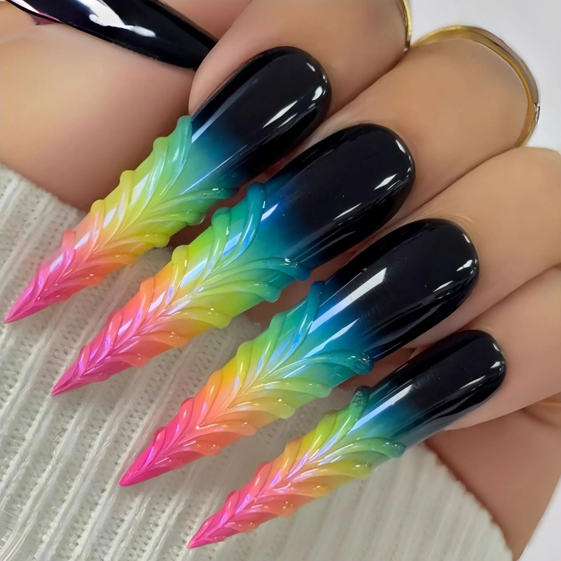 3D lange Wassertropfen-Kunstnägel für Frauen und Mädchen, geprägte Schleife, Farbverlauf, Blau, Gelb, Rosa, Neujahr, Rot, zum Aufdrücken falscher Nagelkunst