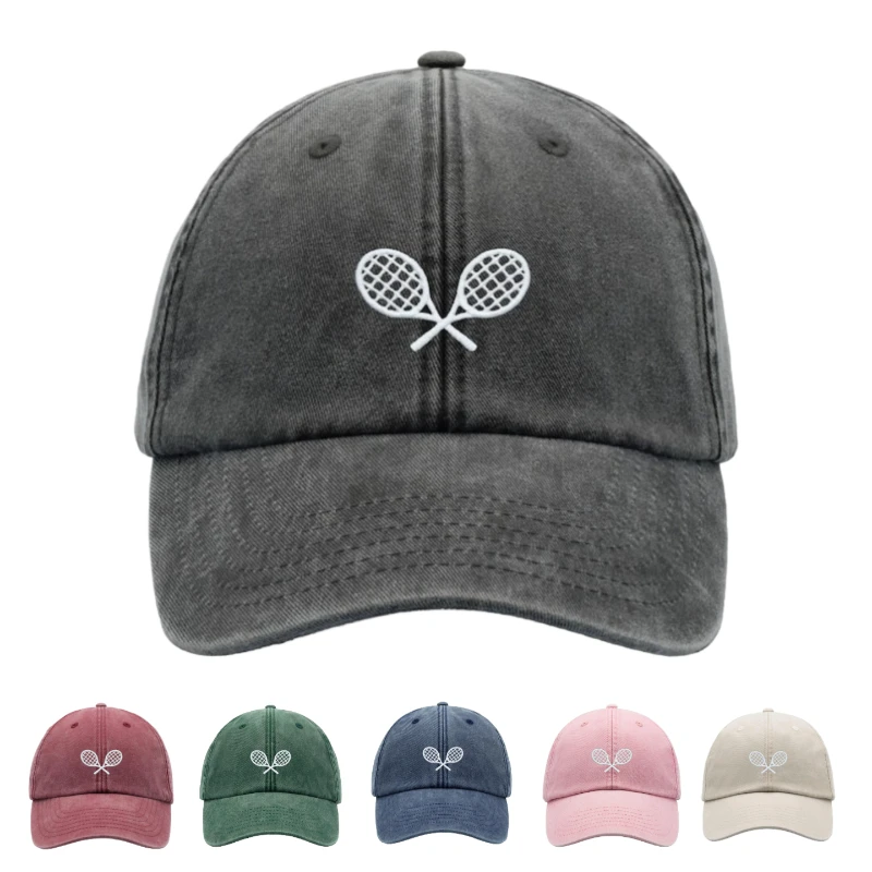 1pc Tennis Racquets Crossed Retro Washed Baseball Caps for Men,outdoor Leisure Unisex Adjustable Driver Cap for Holiday Festival