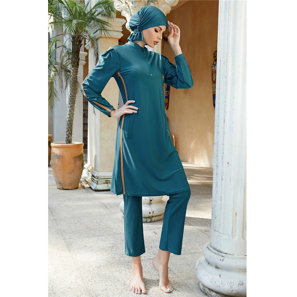 

Full Cover Women Muslim Hijab Swimsuit Arab Long Sleeve Top Pant Cap Set Swimwear Burkini Swimming 3pcs Modeat Bathing Costumes