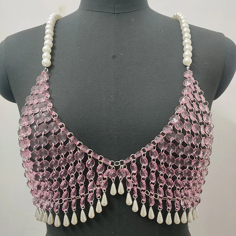 Handmade Sexy Pink Imitation Crystal Exaggerated Body Chain Spicy Girl Backless Suspender Bra Chain Bikini Bead Top