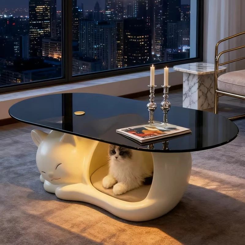 Fiberglass coffee table with cute cat-shaped hollow base and smooth glass top combines functionality and cuteness