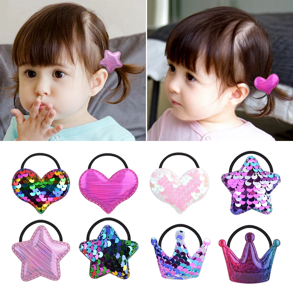 

2/6/12pcs Star Heart Crown Elastic Rope Headband for Girls Baby Rainbow Solid Sequins Hair Band Ponytail Holder Hair Accessorie