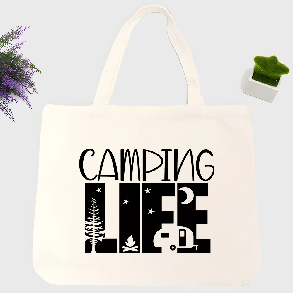Men's nature graphic canvas tote bag with camping theme, perfect for outdoor adventures and casual use